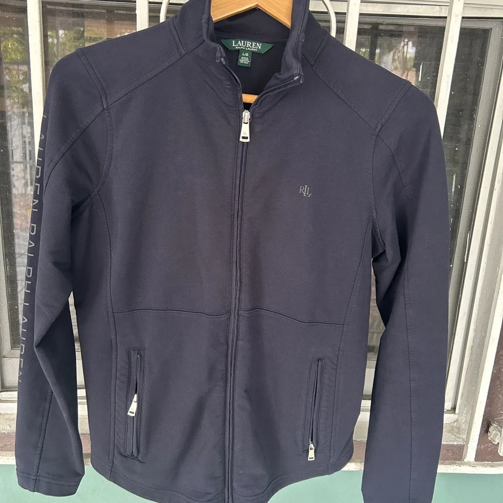 Ralph Lauren mock neck jacket in navy blue full zip pocket monogram sz large - Picture 8 of 11